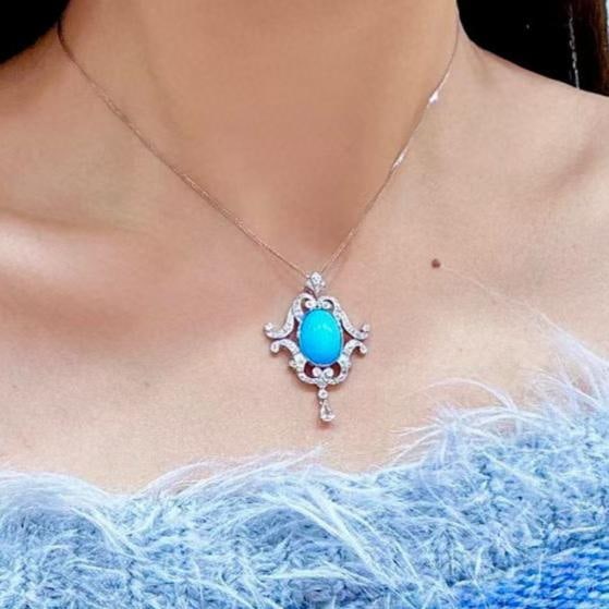 14k Gold 5.63 Ctw Natural Blue Turquoise & Sapphire Pendant( Without Chain ) - 4