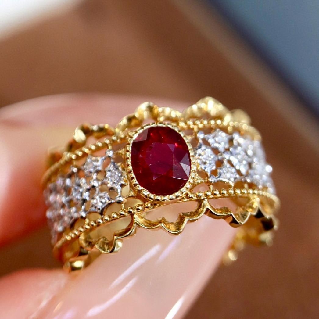 14k Gold 0.84 Ctw Natural Ruby & Diamond Ring: Ref:231135078 // gold content:14k gold // ring size:7. 25us // // main gemstone:ruby // shape:oval // carat weight:0. 79ct // color:red // treatment:natural // // adjacent gemstone 2 : diamond // shap