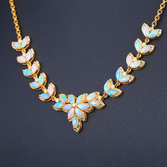 14k Gold 3.38 Ctw Natural Opal & Diamond Necklace - 2