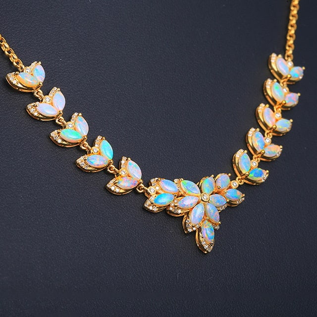 14k Gold 3.38 Ctw Natural Opal & Diamond Necklace - 3