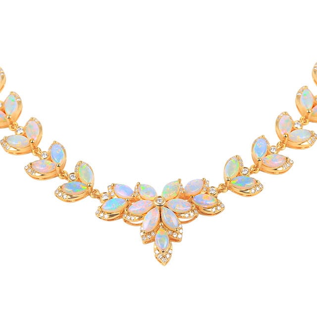 14k Gold 3.38 Ctw Natural Opal & Diamond Necklace - 5