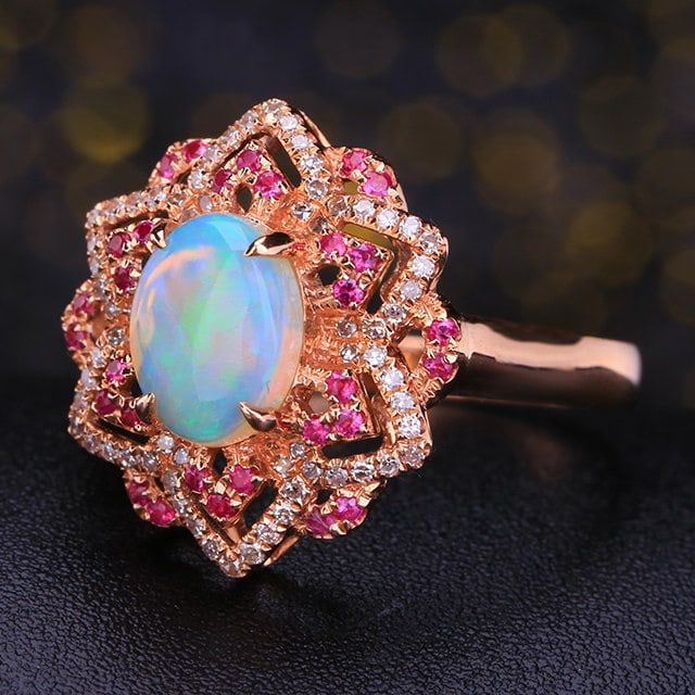 14k Gold 1.13 Ctw Natural Opal & Diamond Ring - 2