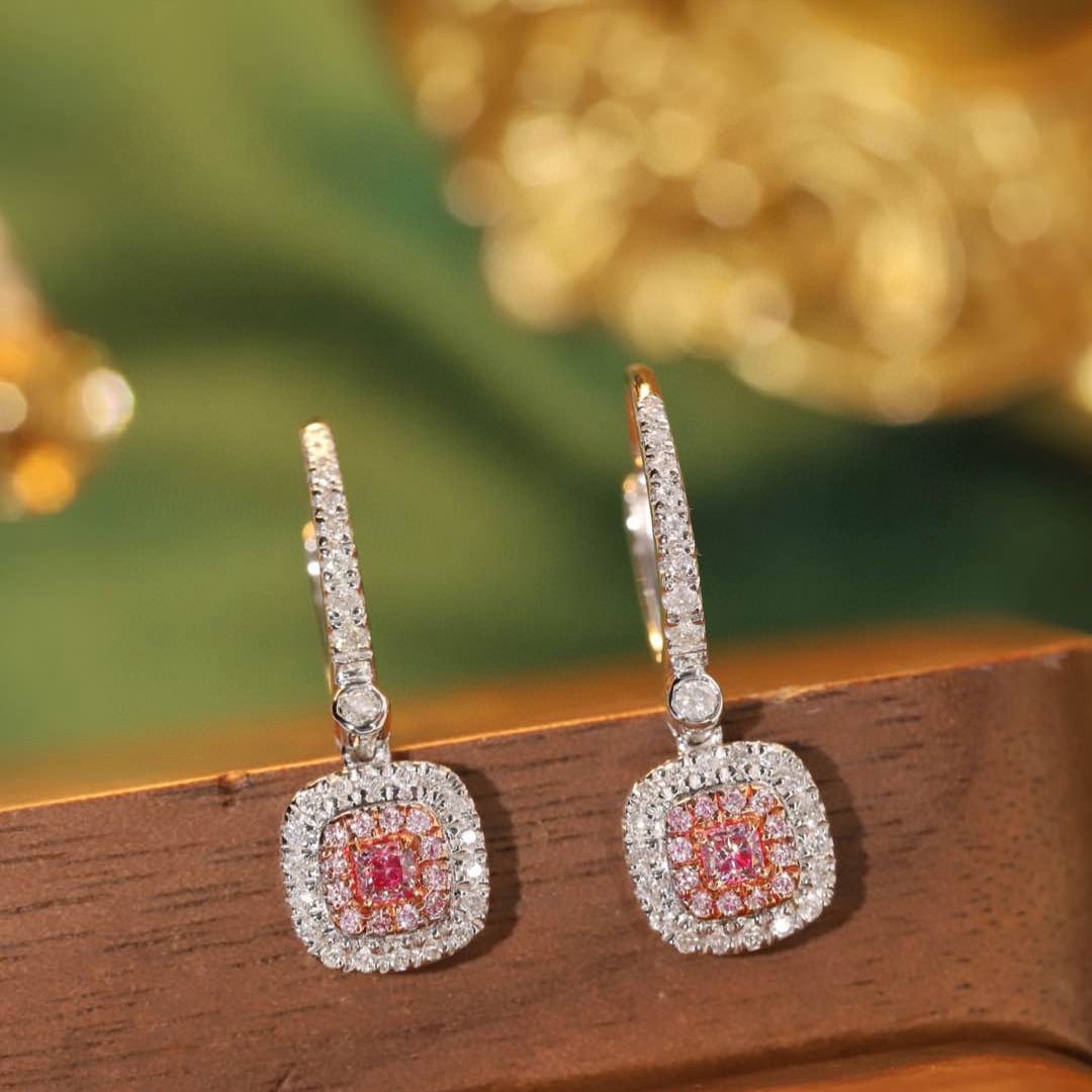 14k Gold 0.60 Ctw Natural Pink Diamond & Diamond Earrings: Ref:231135092 // gold content:14k gold // main gemstone:pink diamond // shape:cushion // carat weight:0. 12ct // color:pink // treatment:natural // // adjacent gemstone 2 : diamond // shape:round