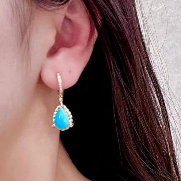 14k Gold 5.63 Ctw Natural Blue Turquoise & Diamond Earrings - 2