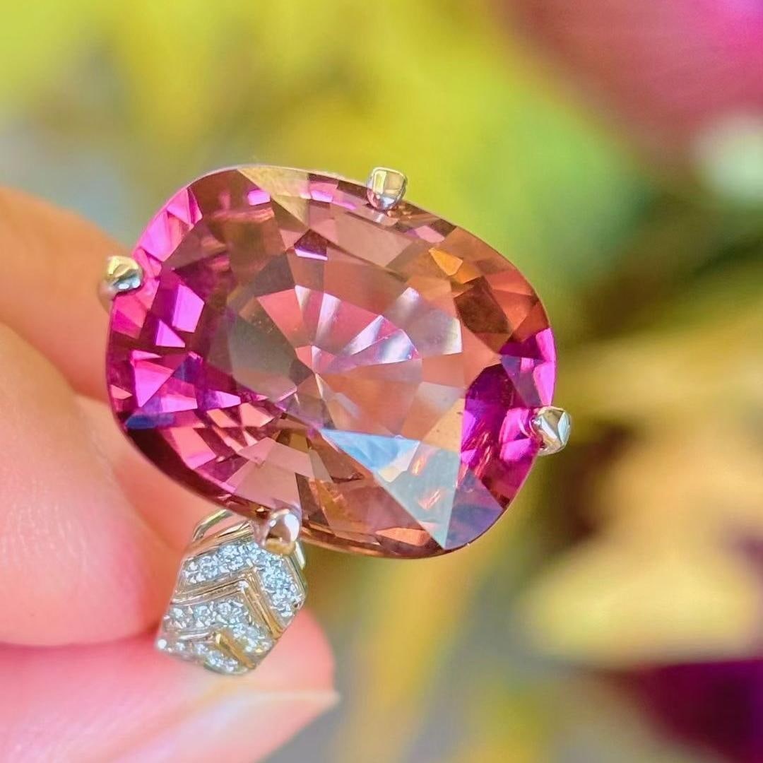 14k Gold 12.45 Ct Natural Tourmaline & Diamond Ring - 2