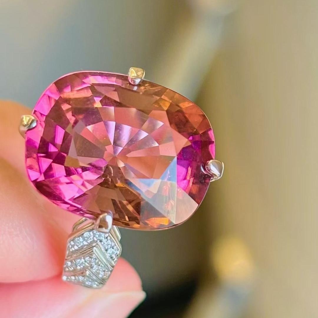 14k Gold 12.45 Ct Natural Tourmaline & Diamond Ring - 3