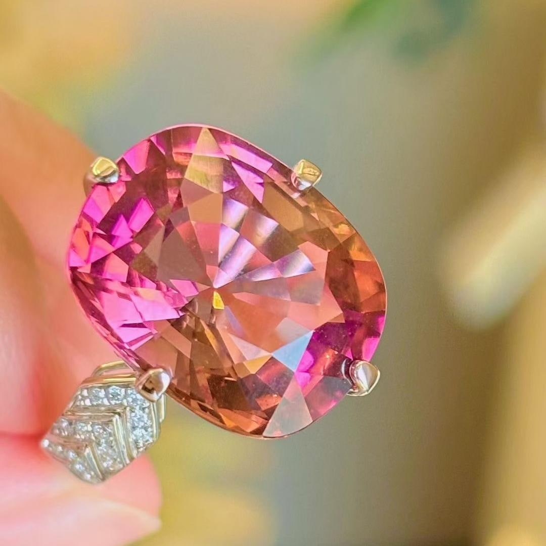 14k Gold 12.45 Ct Natural Tourmaline & Diamond Ring - 4