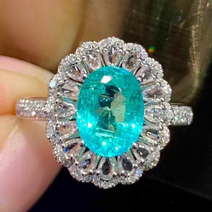 14k Gold 1.8 Ct Natural Paraiba Tourmaline & Diamond & Sapphire Ring: Ref:231135106 // gold content:14k gold // ring size:7. 25us // // main gemstone:paraiba tourmaline // shape:oval // carat weight:1. 8ct // color:blue // treatment:natural // // adjacent gemstone 2