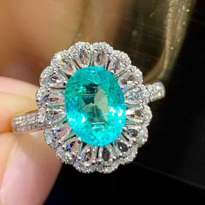 14k Gold 1.8 Ct Natural Paraiba Tourmaline & Diamond & Sapphire Ring - 2