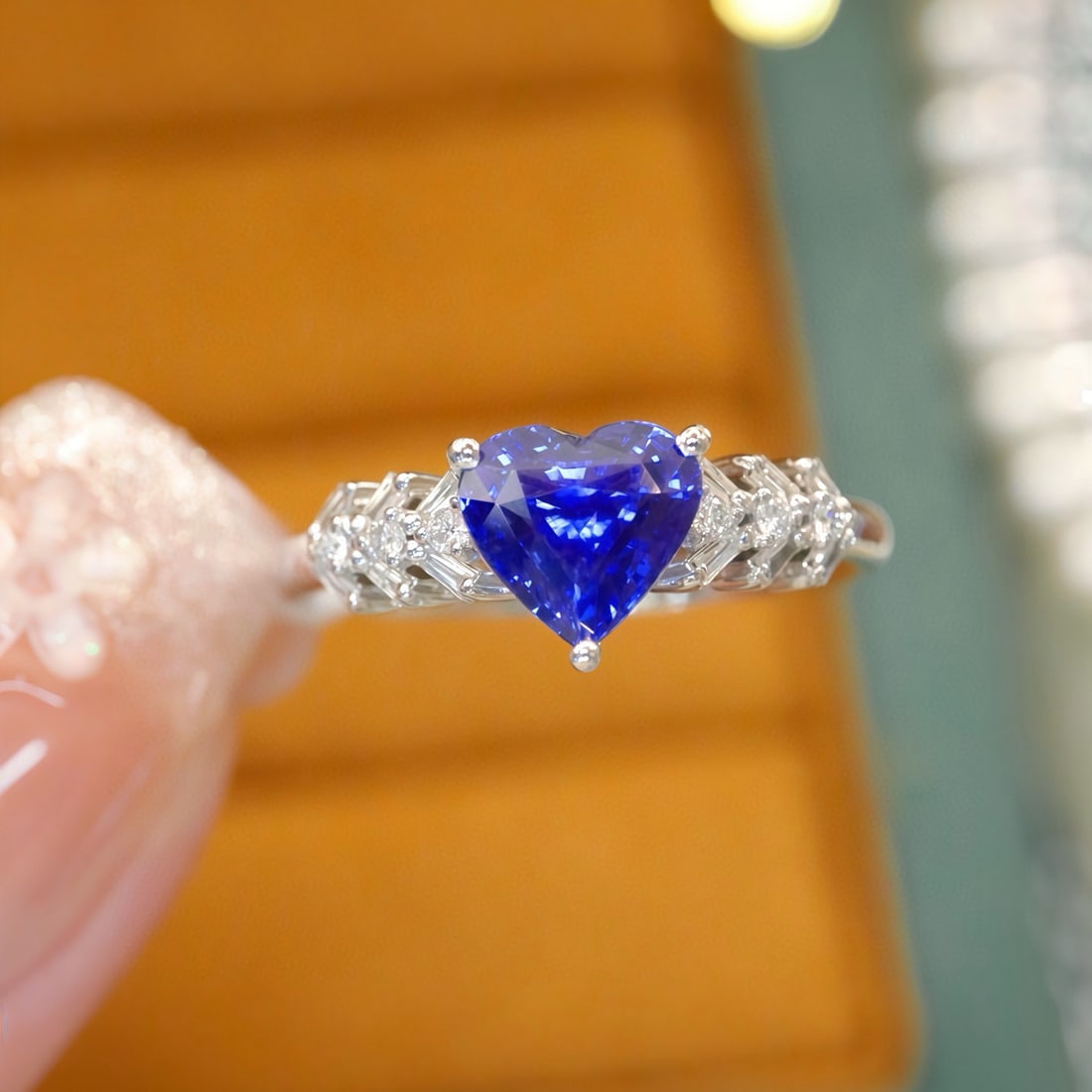 14k Gold 1.22 Ctw Natural Sapphire & Diamond Ring: Ref:231135128 // gold content:14k gold // ring size:7. 25us // // main gemstone:sapphire // shape:heart // carat weight:1. 07ct // color:blue // treatment:natural // // adjacent gemstone 2 :
