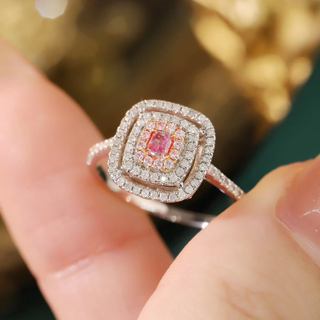 14k Gold 0.53 Ctw Natural Pink Diamond & Diamond Ring: Ref:231135136 // gold content:14k gold // ring size:7. 25us // // main gemstone:pink diamond // shape:cushion // carat weight:0. 15ct // color:pink // treatment:natural // // adjacent gemstone 2 :