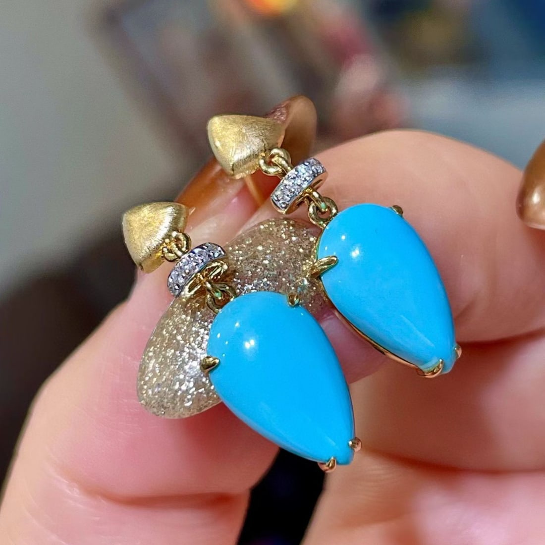 14k Gold 4.82 Ct Natural Blue Turquoise & Diamond Earrings - 2