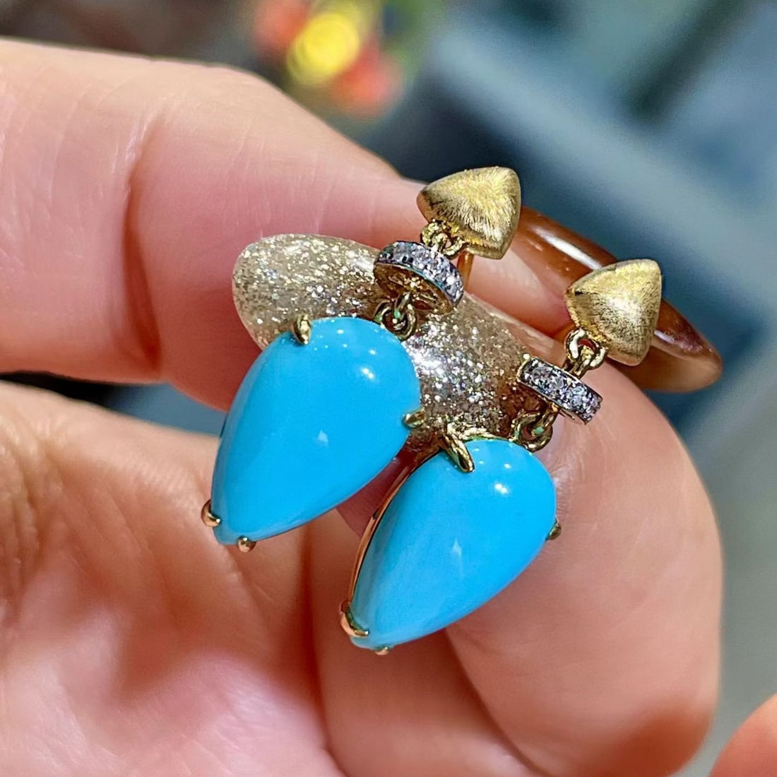 14k Gold 4.82 Ct Natural Blue Turquoise & Diamond Earrings - 3