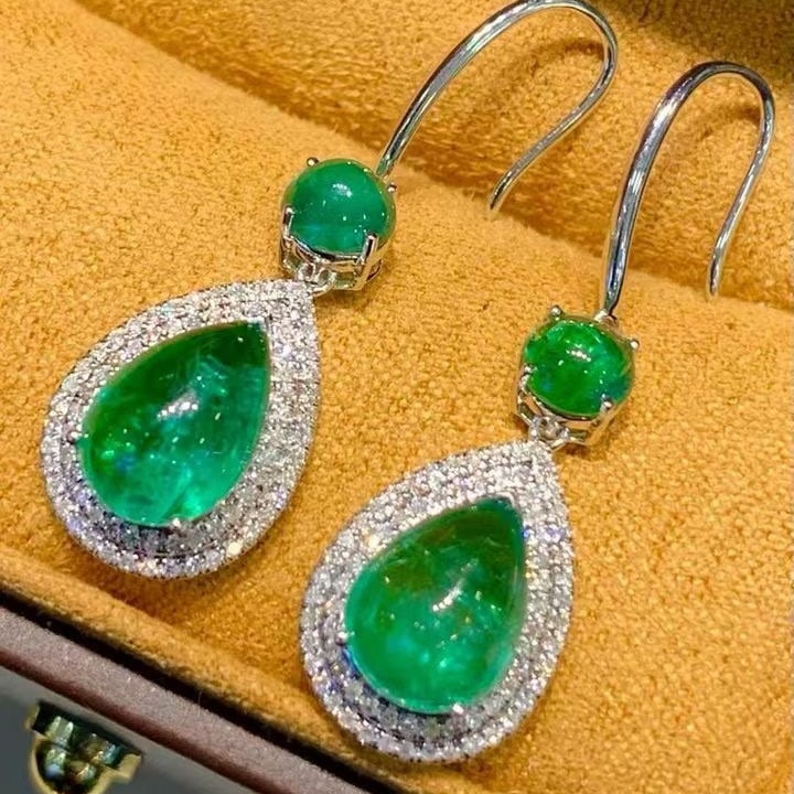 14k Gold 5.2 Ct Natural Emerald & Diamond Earrings - 2