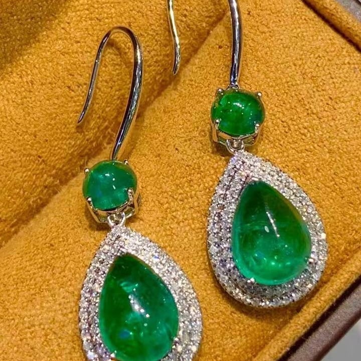 14k Gold 5.2 Ct Natural Emerald & Diamond Earrings - 5