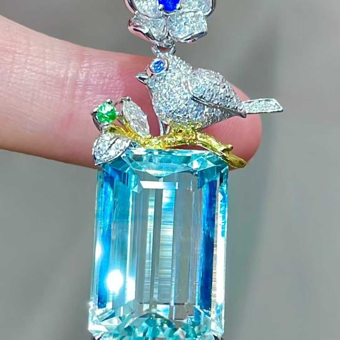 14k Gold 15.05 Ctw Natural Aquamarine & Diamond Pendant( Without Chain ) - 2