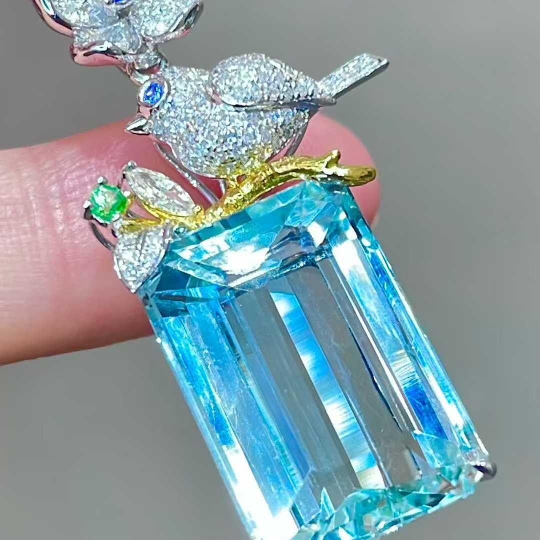 14k Gold 15.05 Ctw Natural Aquamarine & Diamond Pendant( Without Chain ) - 5