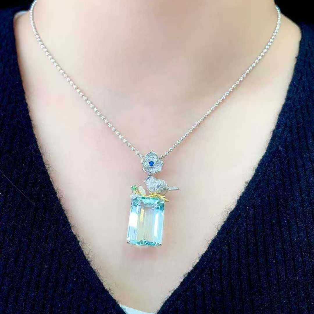 14k Gold 15.05 Ctw Natural Aquamarine & Diamond Pendant( Without Chain ) - 6