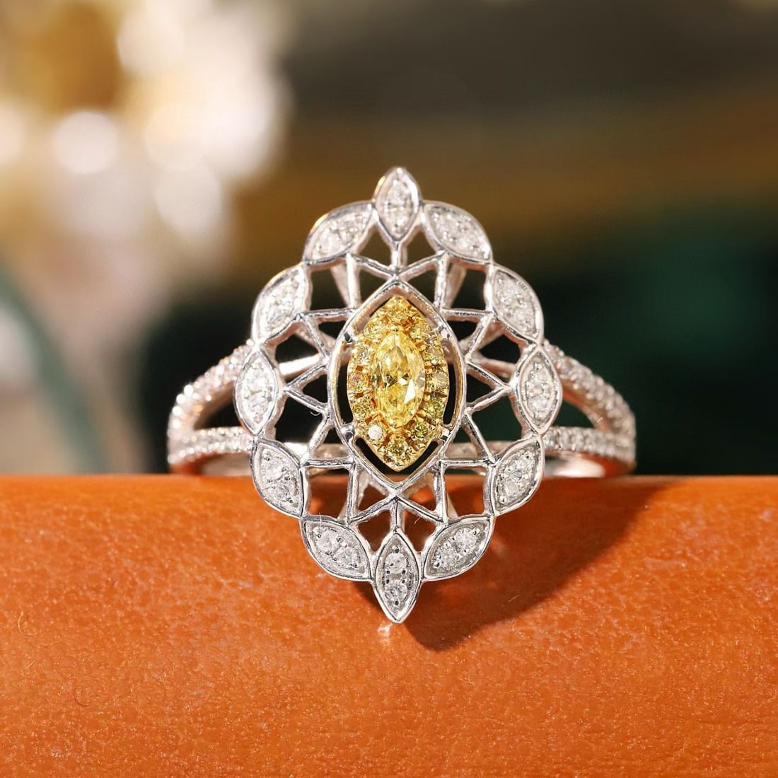 14k Gold 0.50 Ctw Natural Yellow Diamond & Diamond Ring: Ref:231135220 // gold content:14k gold // ring size:7. 25us // // main gemstone:yellow diamond // shape:marquise // carat weight:0. 10ct // color:yellow // treatment:natural // // adjacent