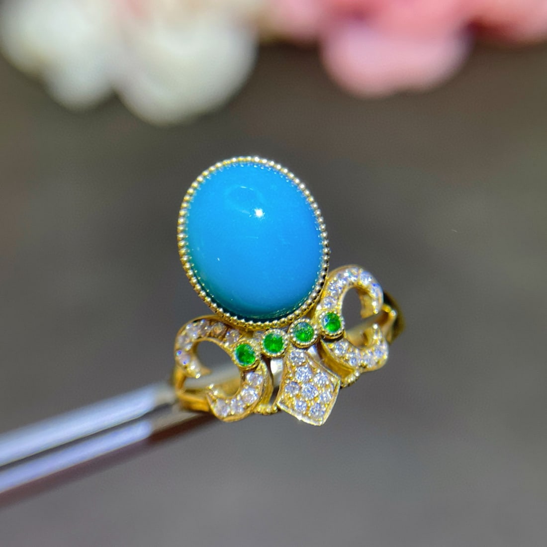 14k Gold 2.81 Ctw Natural Blue Turquoise & Diamond Ring - 2