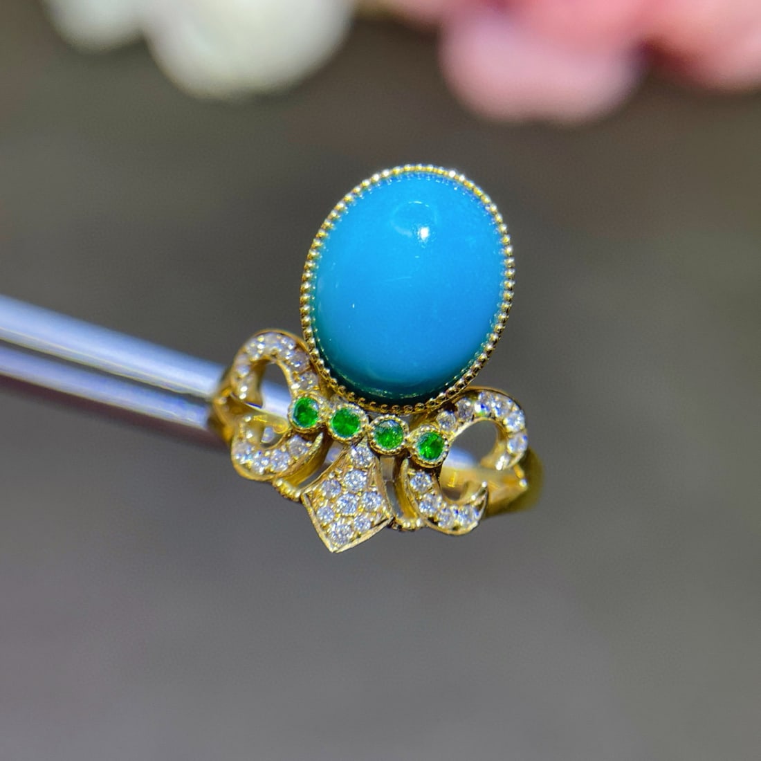 14k Gold 2.81 Ctw Natural Blue Turquoise & Diamond Ring - 3