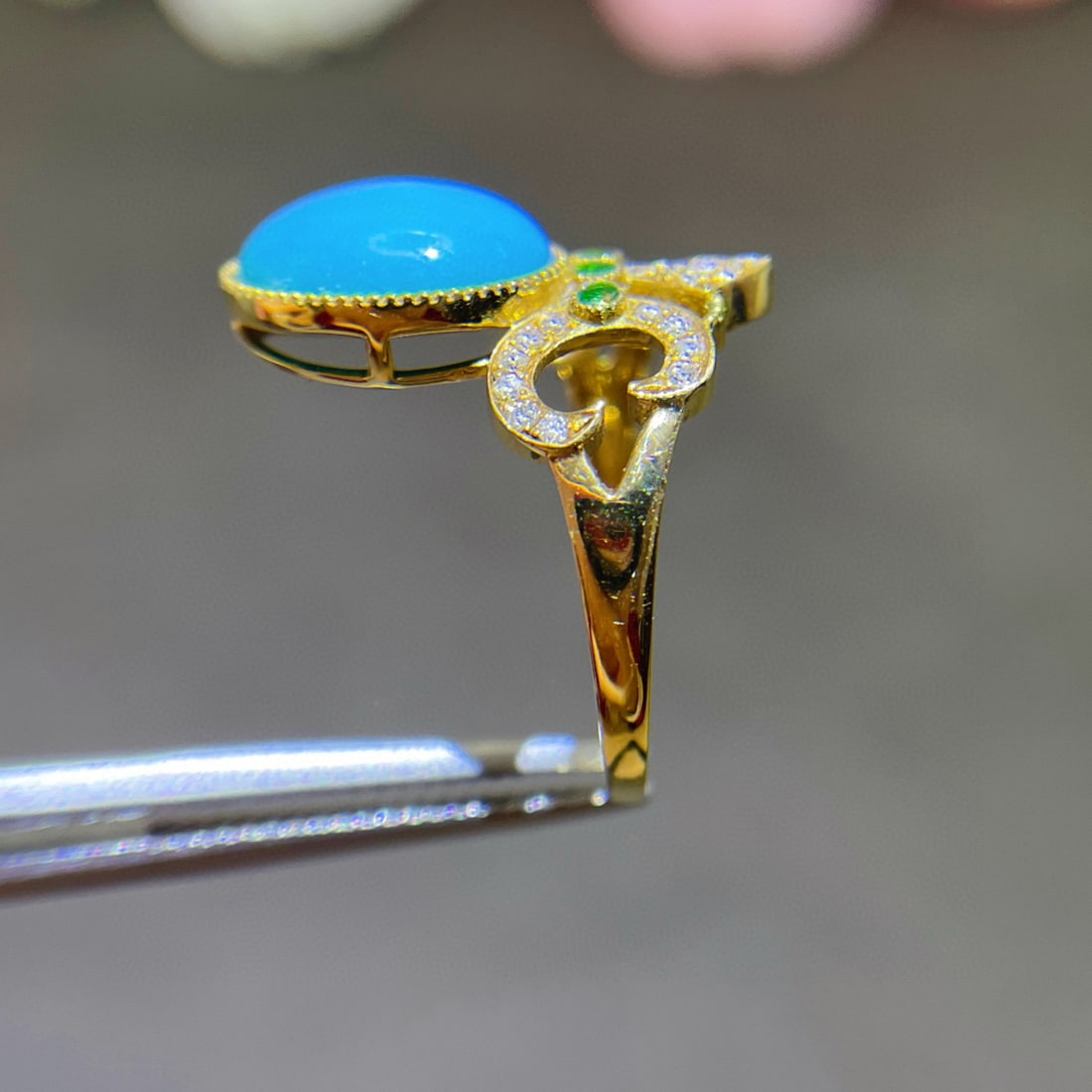 14k Gold 2.81 Ctw Natural Blue Turquoise & Diamond Ring - 4