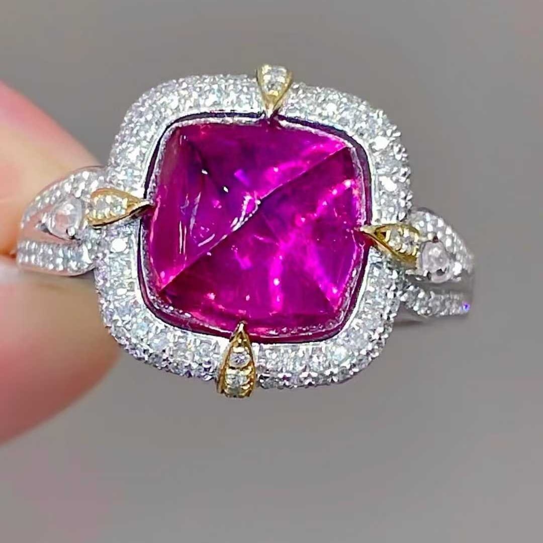 14k Gold 4.25 Ctw Natural Tourmaline & Diamond Ring: Ref:231135234 // gold content:14k gold // ring size:7. 25us // // main gemstone:tourmaline // shape:sugar-loaf // carat weight:3. 75ct // color:red // treatment:natural // // adjacent gemstone 2 : dia