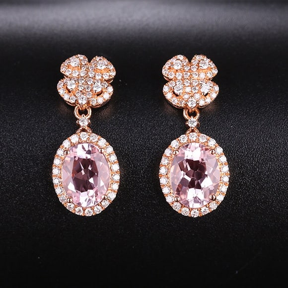 14k Gold 1.67 Ct Natural Morganite & Diamond Earrings: Ref:231136008 // gold content:14k gold // main gemstone:morganite // shape:oval // carat weight:1. 67ct // color:pink // treatment:natural // // adjacent gemstone 2 : diamond // shape:round // clarity