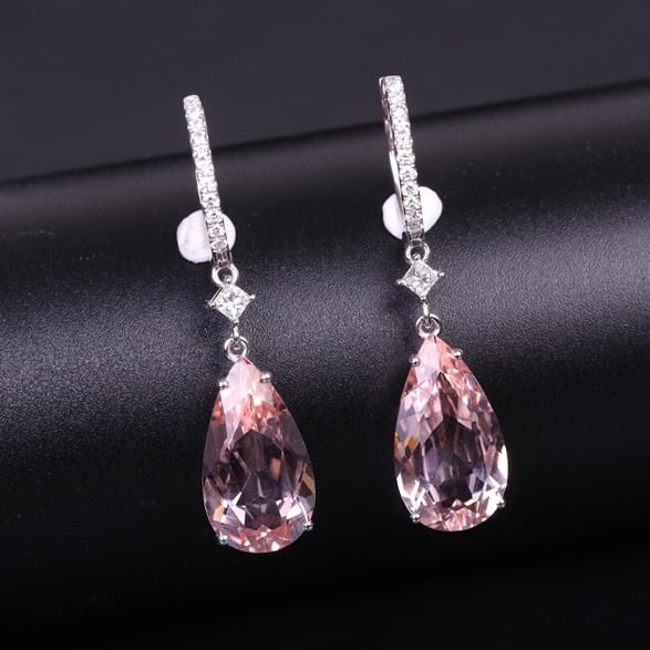14k Gold 8.84 Ctw Natural Morganite & Diamond Earrings - 4