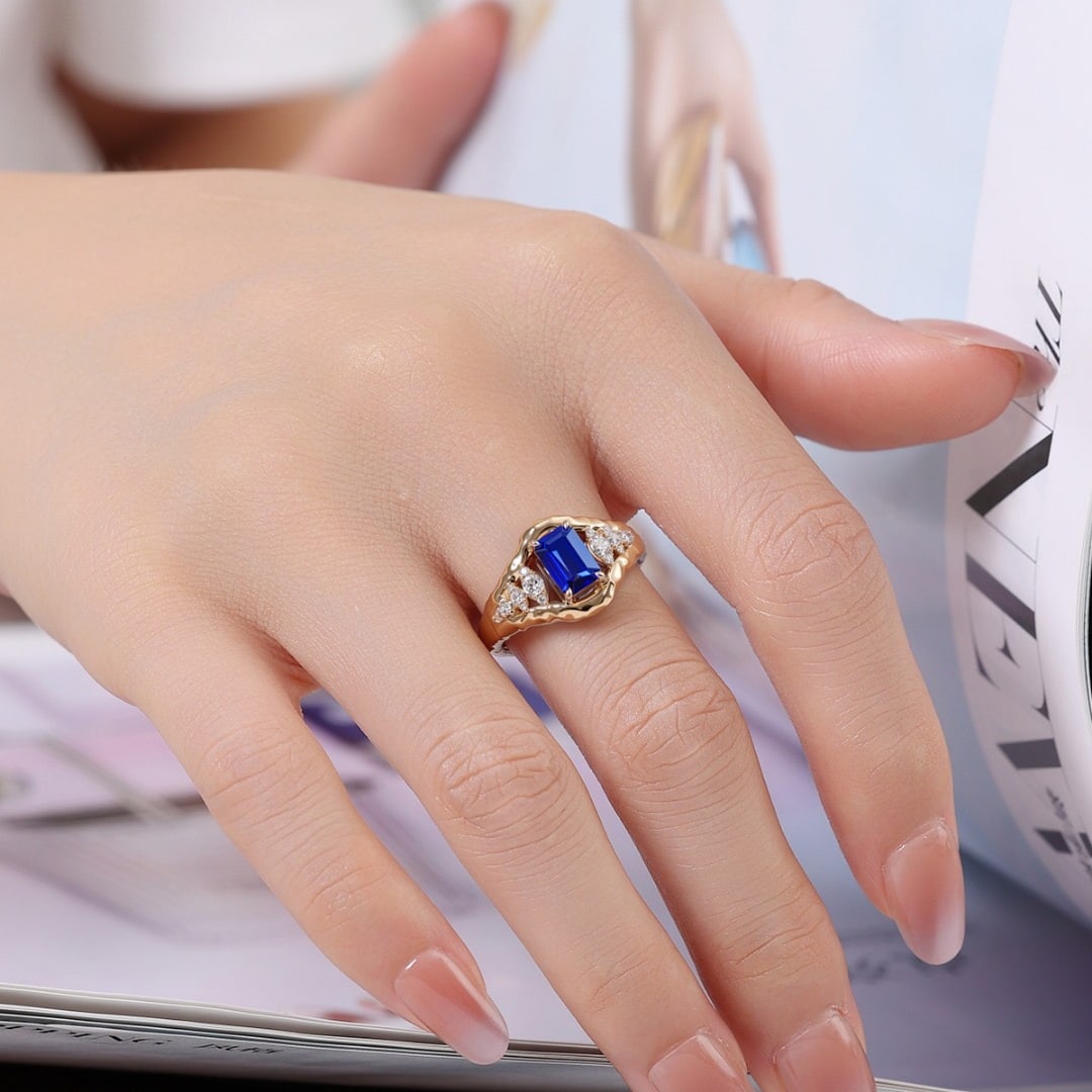 14k Gold 1 Ct Natural Sapphire & Diamond Ring - 4