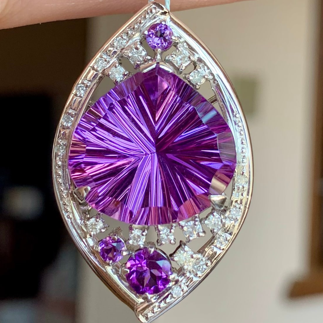 14k Gold 15.37 Ct Natural Amethyst & Diamond Pendant( Without Chain ) - 2