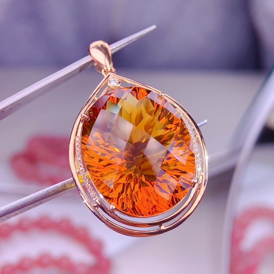 14k Gold 38 Ct Natural Citrine & Diamond Pendant( Without Chain ) - 5