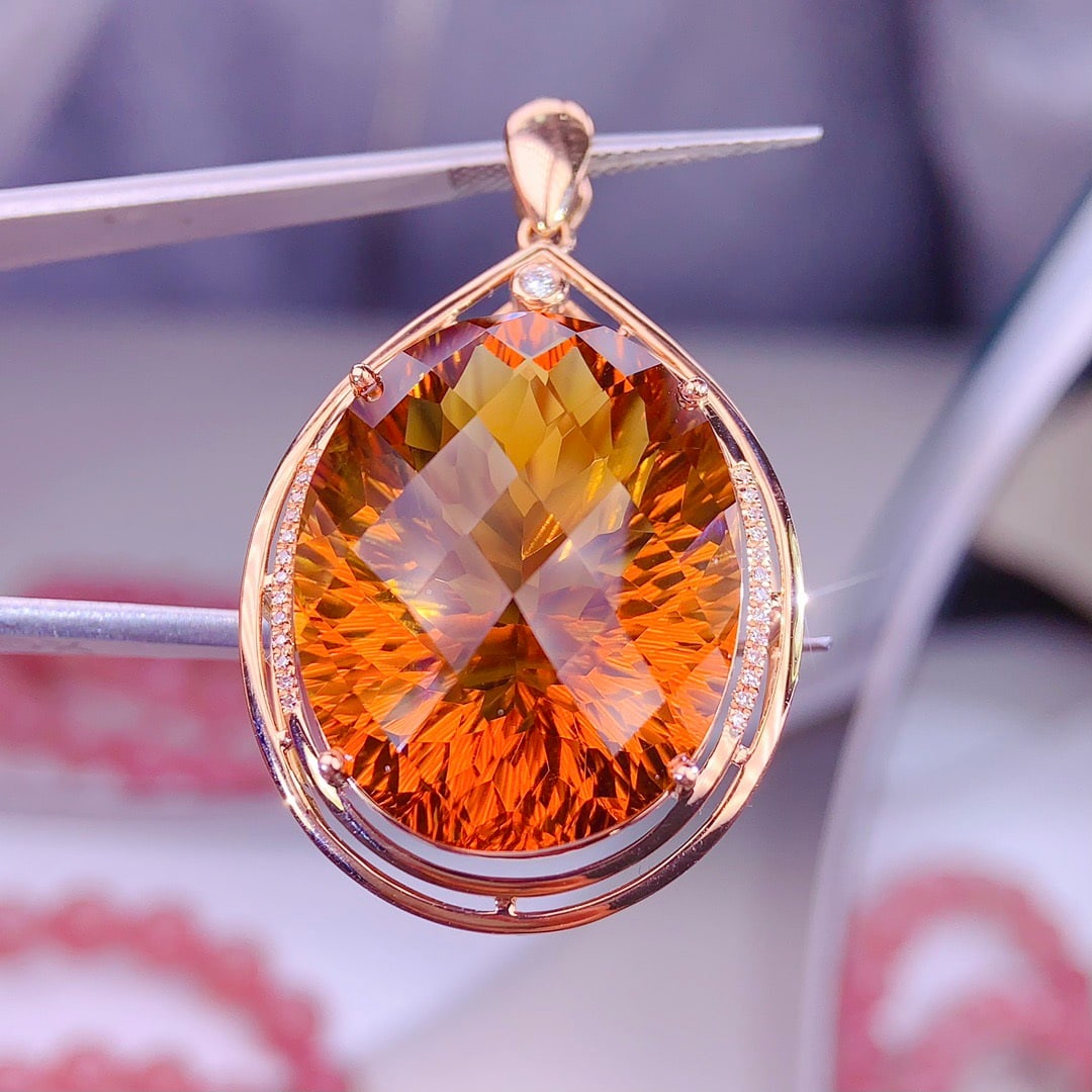 14k Gold 38 Ct Natural Citrine & Diamond Pendant( Without Chain ) - 6
