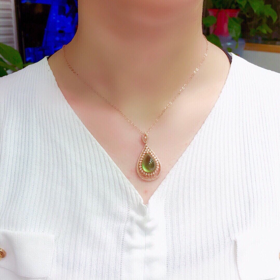 14k Gold 11.7 Ct Natural Prehnite & Diamond Pendant( Without Chain ) - 6