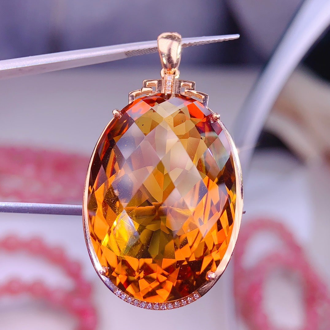 14k Gold 55 Ct Natural Citrine & Diamond Pendant( Without Chain ): Ref:231136115 // gold content:14k gold // main gemstone:citrine // shape:oval // carat weight:55ct // color:yellow // treatment:natural // // adjacent gemstone 2 : diamond // shape:round // clarity