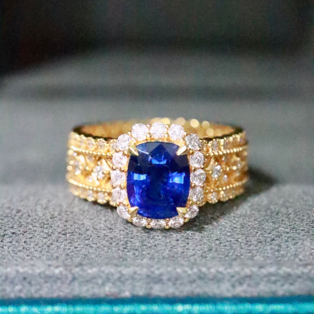 14k Gold 2.65 Ctw Natural Sapphire & Diamond Ring: Ref:231136118 // gold content:14k gold // ring size:7. 25us // // main gemstone:sapphire // shape:cushion // carat weight:2. 1ct // color:blue // treatment:natural // // adjacent gemstone 2 :