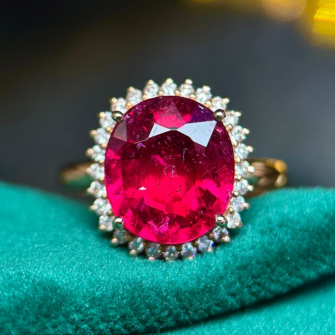 14k Gold 4.58 Ctw Natural Tourmaline & Diamond Ring: Ref:231136126 // gold content:14k gold // ring size:7. 25us // // main gemstone:tourmaline // shape:oval // carat weight:4. 3ct // color:red // treatment:natural // // adjacent gemstone 2 :