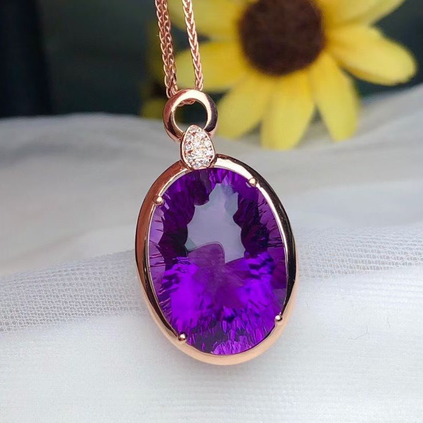 14k Gold 13.5 Ct Natural Amethyst & Diamond Pendant( Without Chain ): Ref:231136145 // gold content:14k gold // main gemstone:amethyst // shape:oval // carat weight:13. 5ct // color:purple // treatment:natural // // adjacent gemstone 2 : diamond // number of