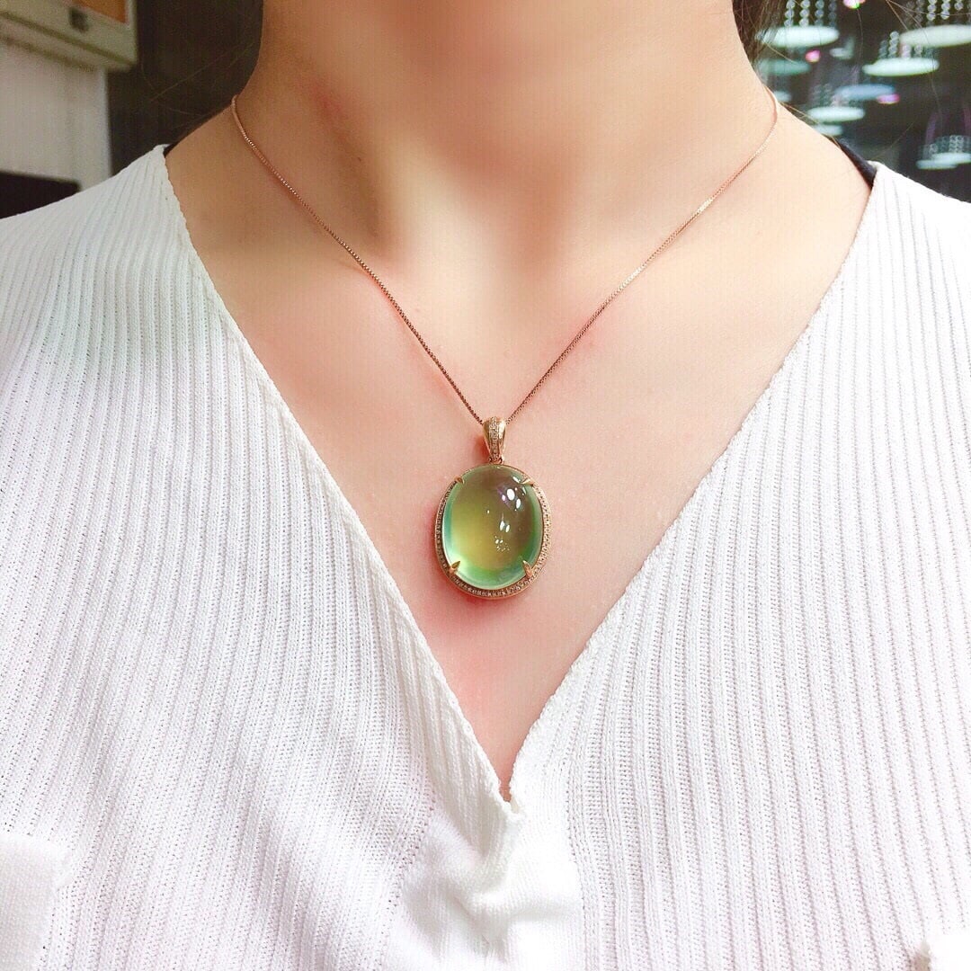 14k Gold 32.5 Ct Natural Prehnite & Diamond Pendant( Without Chain ) - 6