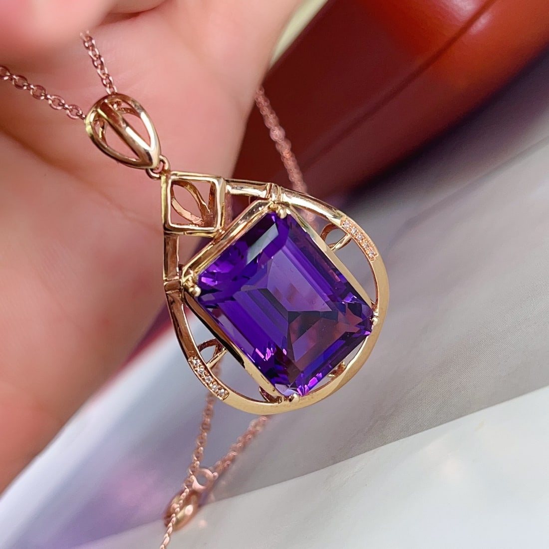 14k Gold 12.65 Ct Natural Amethyst & Diamond Pendant( Without Chain ) - 4