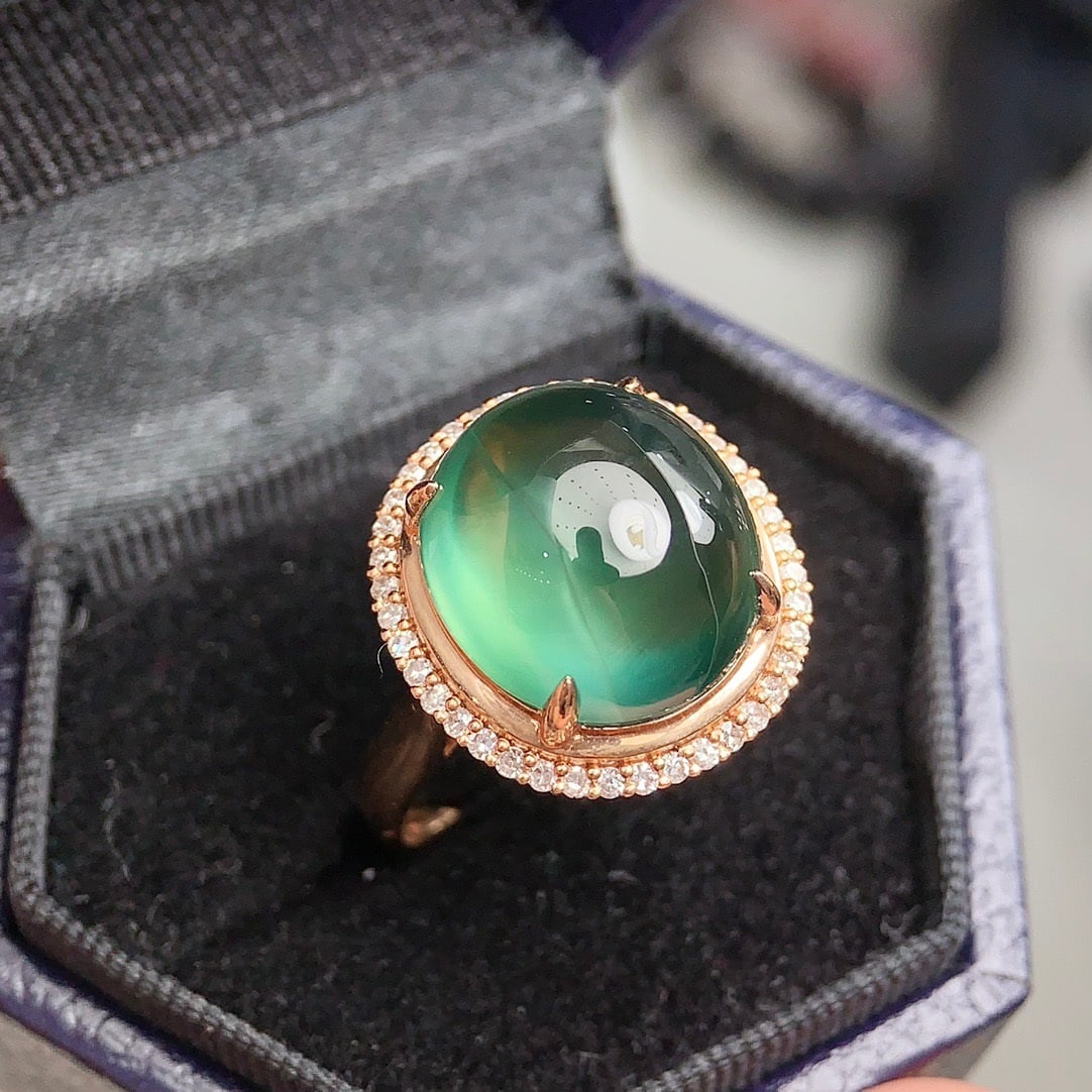 14k Gold 12 Ct Natural Prehnite & Diamond Ring - 3