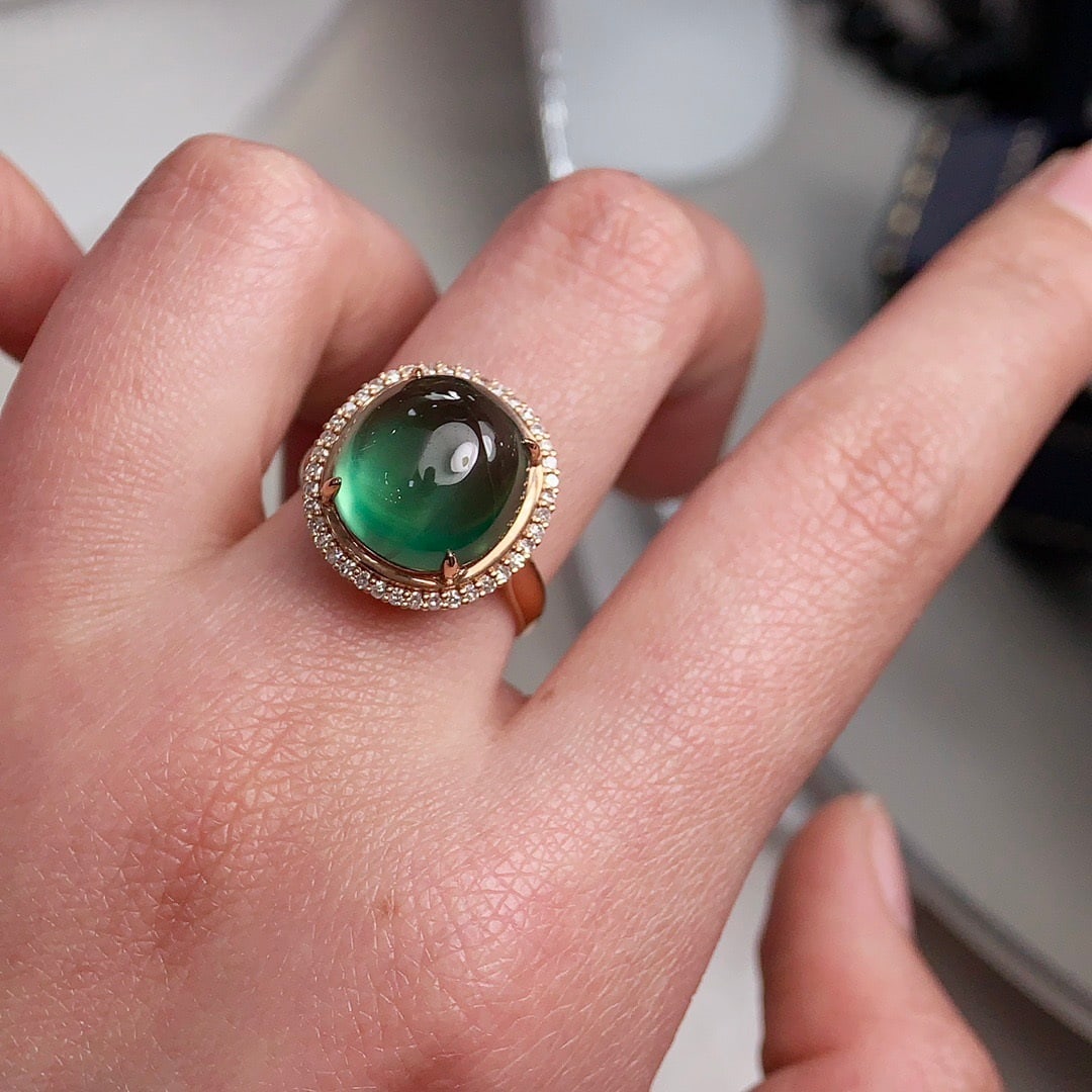 14k Gold 12 Ct Natural Prehnite & Diamond Ring - 4