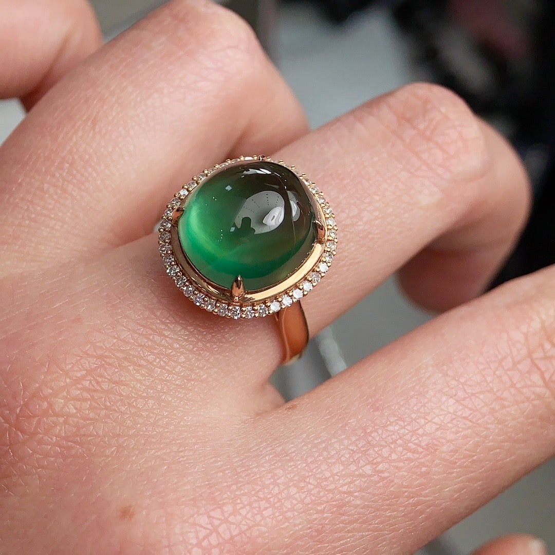 14k Gold 12 Ct Natural Prehnite & Diamond Ring - 5