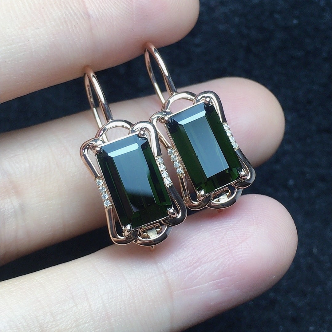 14k Gold 5.4 Ct Natural Tourmaline & Diamond Earrings - 2