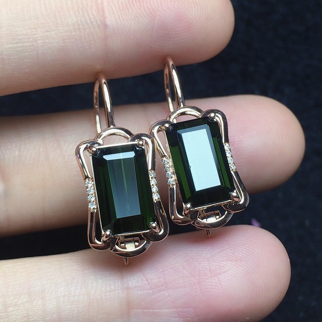 14k Gold 5.4 Ct Natural Tourmaline & Diamond Earrings - 3