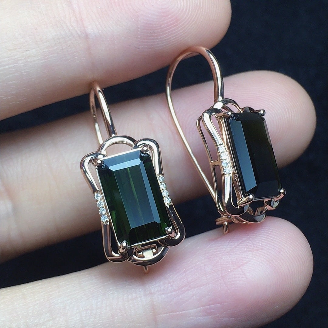 14k Gold 5.4 Ct Natural Tourmaline & Diamond Earrings - 4