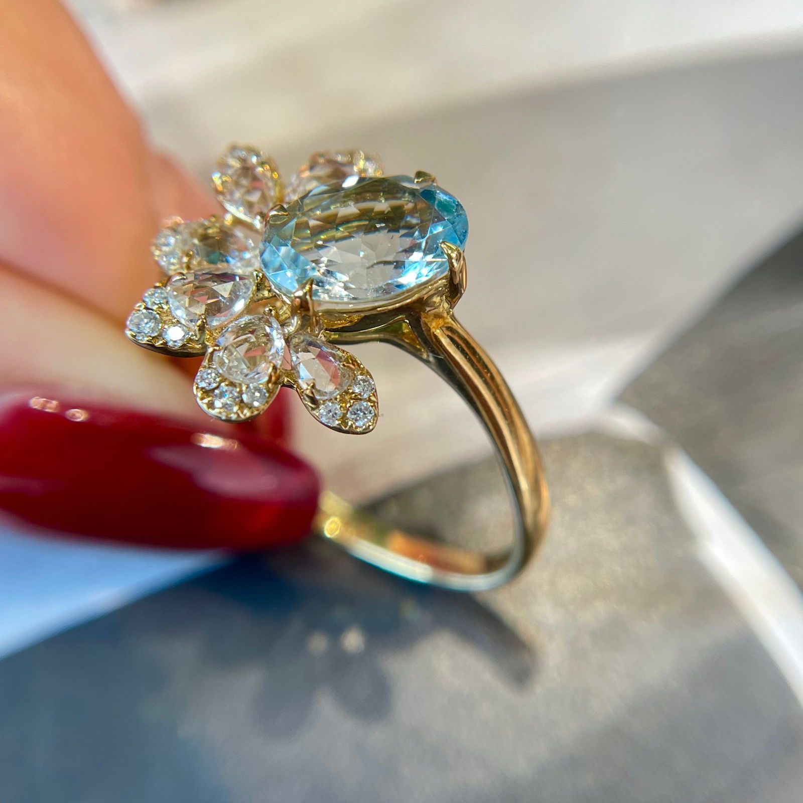 14k Gold 1 Ct Natural Aquamarine & Diamond & Sapphire Ring - 2