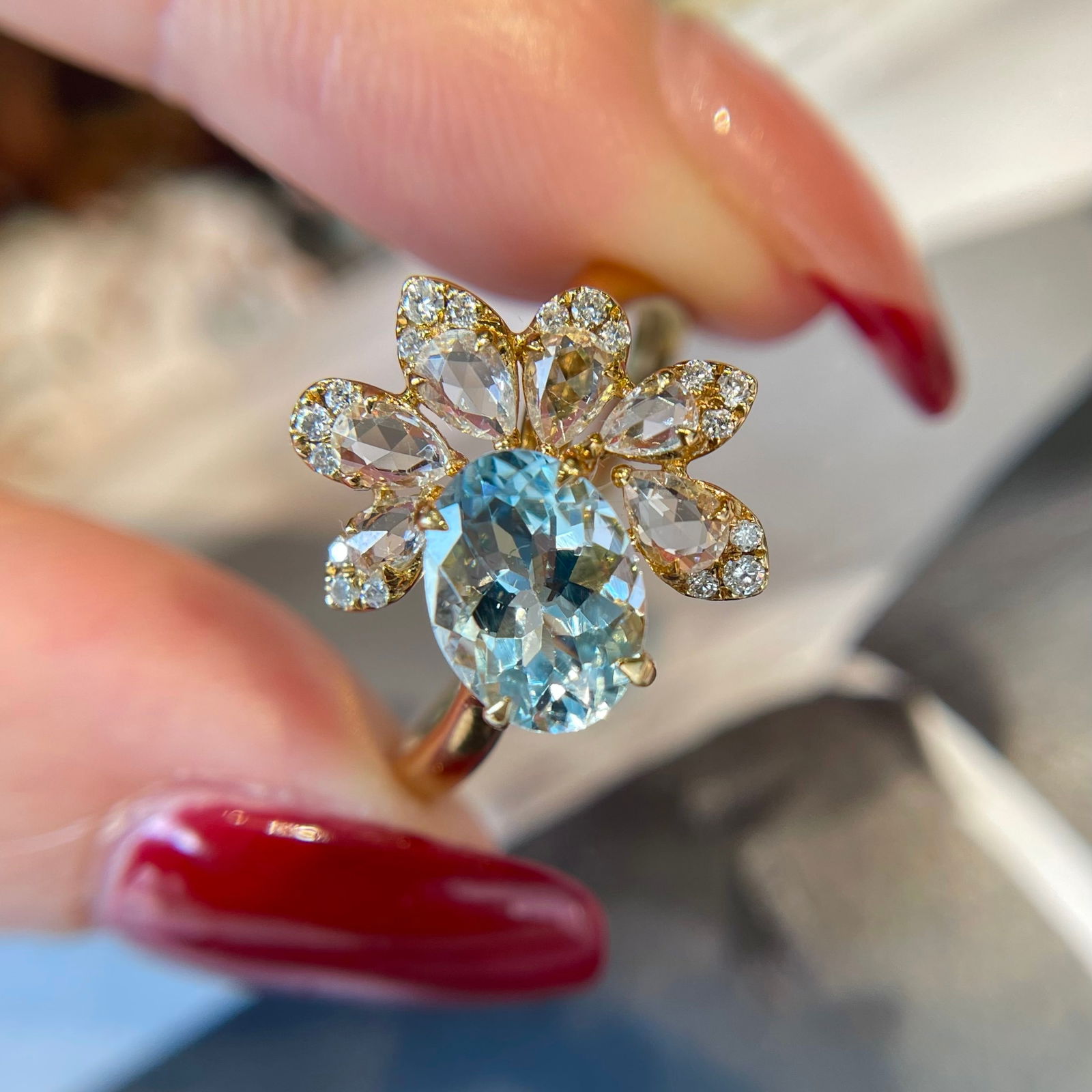 14k Gold 1 Ct Natural Aquamarine & Diamond & Sapphire Ring - 3