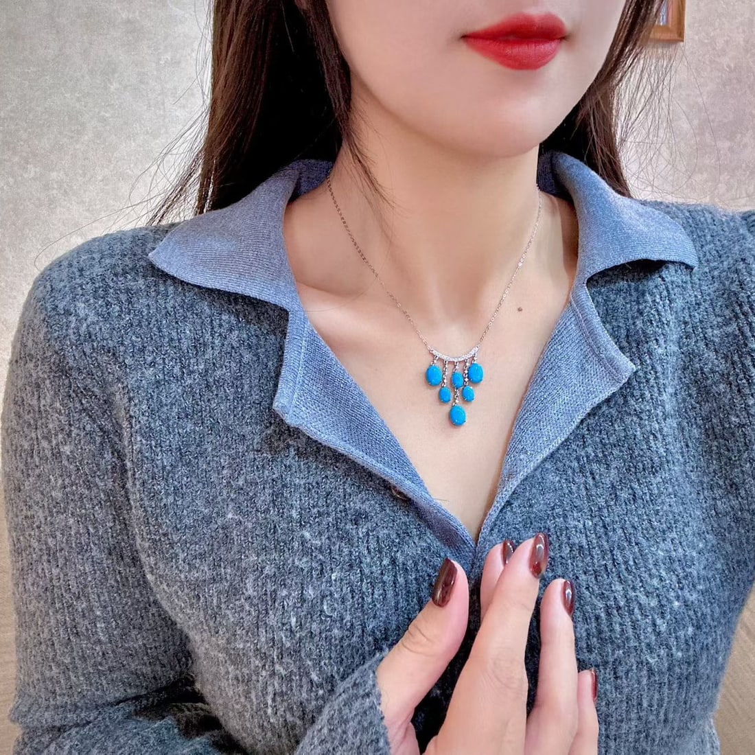 14k Gold 7.73 Ctw Natural Blue Turquoise & Diamond Necklace - 3