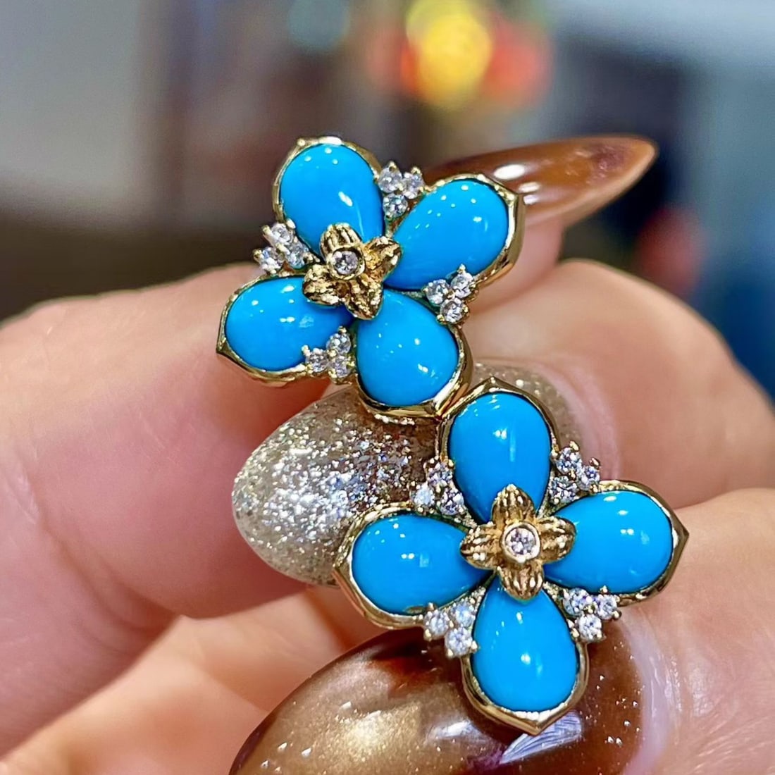 14k Gold 3.41 Ctw Natural Blue Turquoise & Diamond Earrings - 3